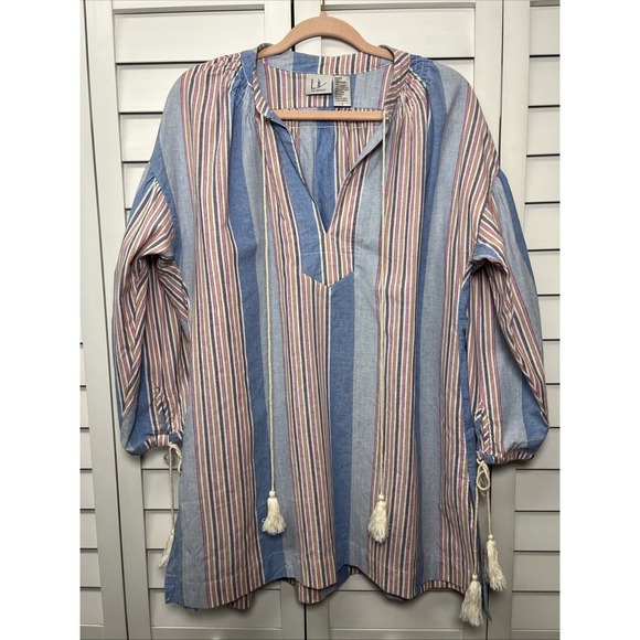 LIV Los Angeles Striped Boho Beach Tassel Cotton Tunic Cover Up Size Large - Picture 1 of 10